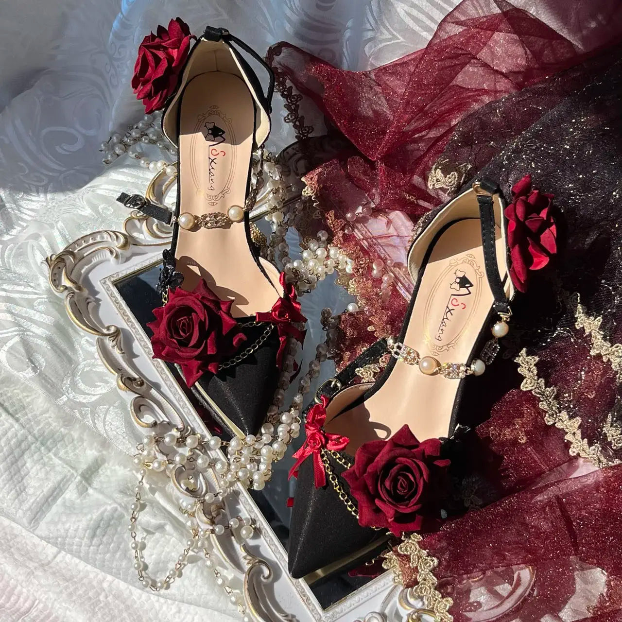 Black Red Gothic Lolita Shoe Wedding Lolita High Heels for Ladies Rose Pointed Toe Dress Shoes for Womenluxury Shoes Sss Grade - NEWYORKLISTED