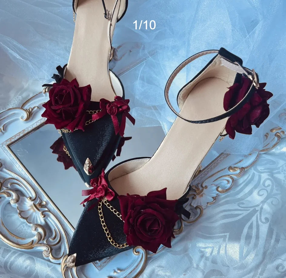 Black Red Gothic Lolita Shoe Wedding Lolita High Heels for Ladies Rose Pointed Toe Dress Shoes for Womenluxury Shoes Sss Grade - NEWYORKLISTED