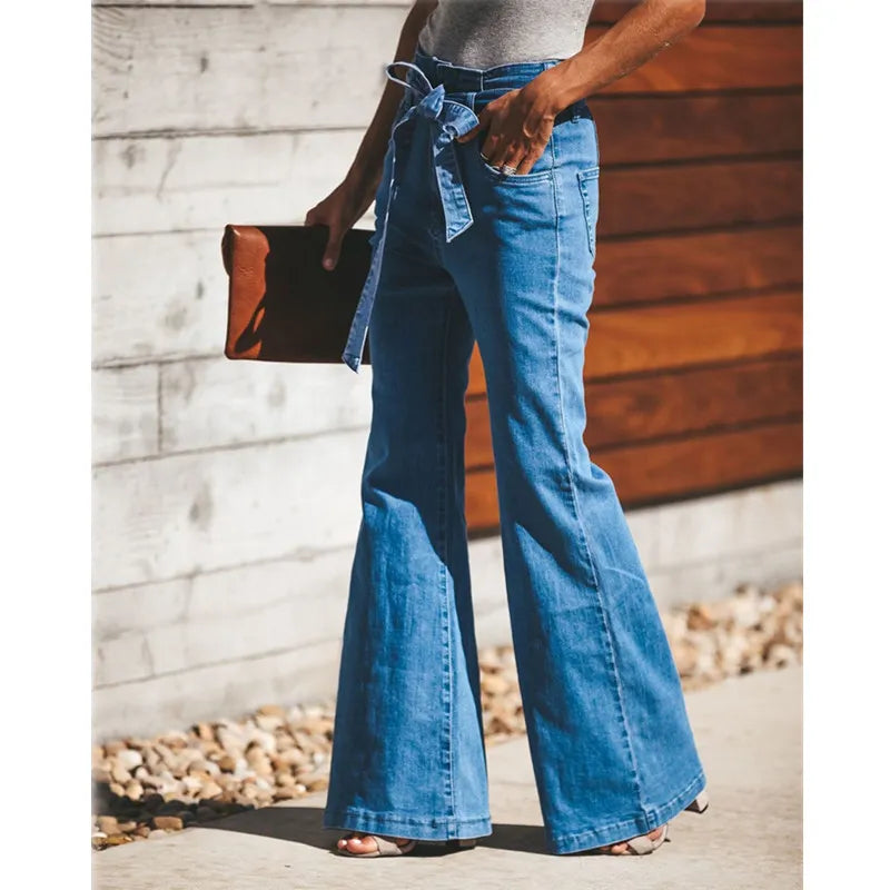 Blue Tie Waist Flare Jeans Women Slim Denim Trousers Vintage Clothes 2021 Spring High  Pants Belted Stretchy Wide Leg - NEWYORKLISTED