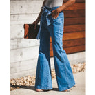 Blue Tie Waist Flare Jeans Women Slim Denim Trousers Vintage Clothes 2021 Spring High  Pants Belted Stretchy Wide Leg - NEWYORKLISTED