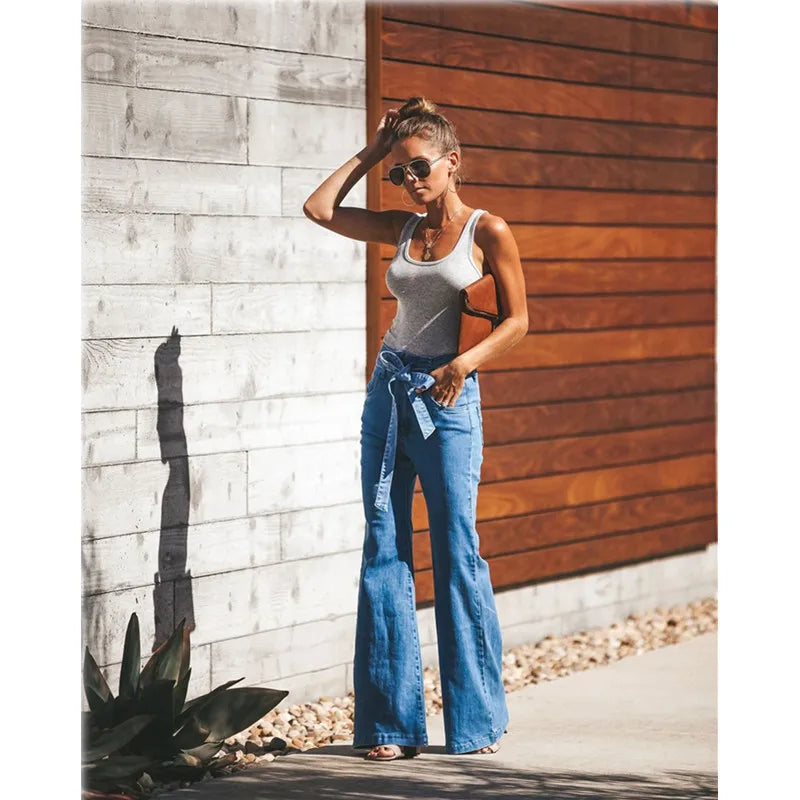 Blue Tie Waist Flare Jeans Women Slim Denim Trousers Vintage Clothes 2021 Spring High  Pants Belted Stretchy Wide Leg - NEWYORKLISTED