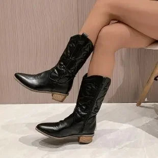 Fashion Women 2023 Cowboy Short Ankle Boots for Women Chunky Heel Cowgirl Boots Embroidered Mid Calf Western Boots Hot - NEWYORKLISTED