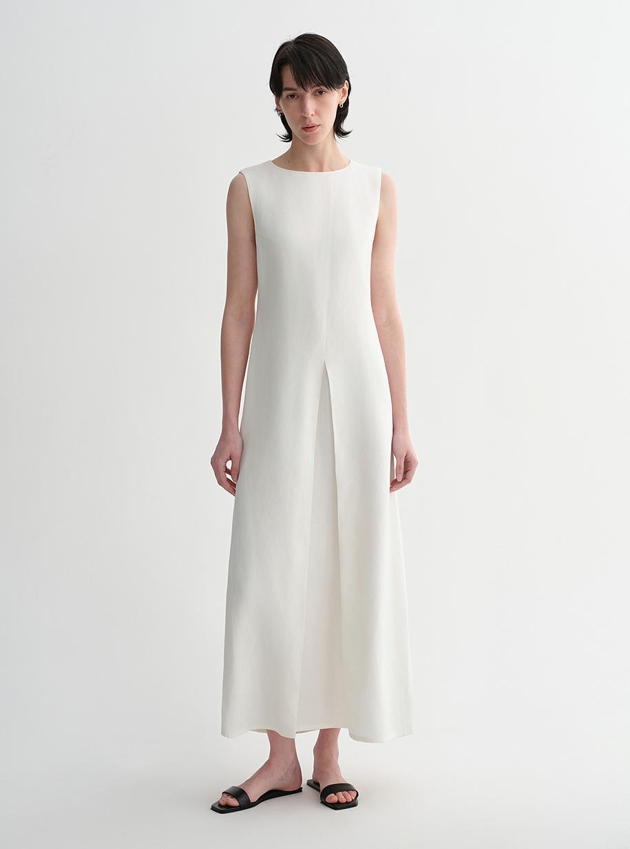 Mulberry Silk Sleeveless Round Neck Oblique Pleated A-Line White Dress - NEWYORKLISTED
