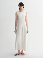 Mulberry Silk Sleeveless Round Neck Oblique Pleated A-Line White Dress - NEWYORKLISTED