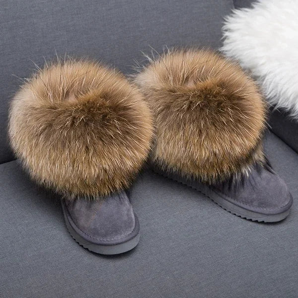 G&Zaco Luxury Winter Snow Boots Women Natural Real Fox Fur Boots Waterproof Genuine Suede Leather Boots Black Flat Short Boot - NEWYORKLISTED