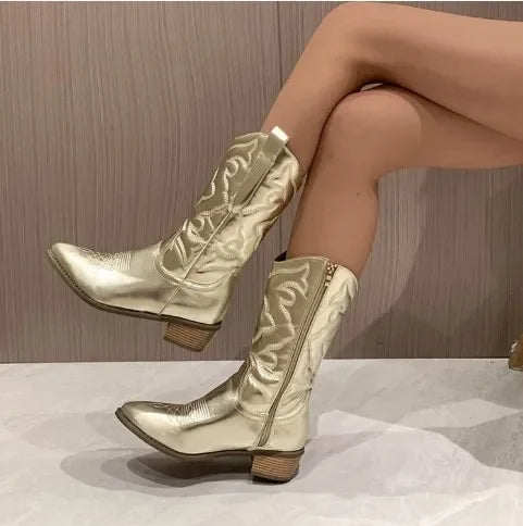 Fashion Women 2023 Cowboy Short Ankle Boots for Women Chunky Heel Cowgirl Boots Embroidered Mid Calf Western Boots Hot - NEWYORKLISTED