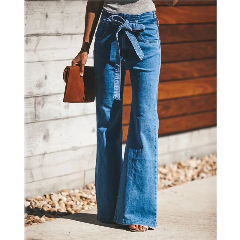 Blue Tie Waist Flare Jeans Women Slim Denim Trousers Vintage Clothes 2021 Spring High  Pants Belted Stretchy Wide Leg - NEWYORKLISTED