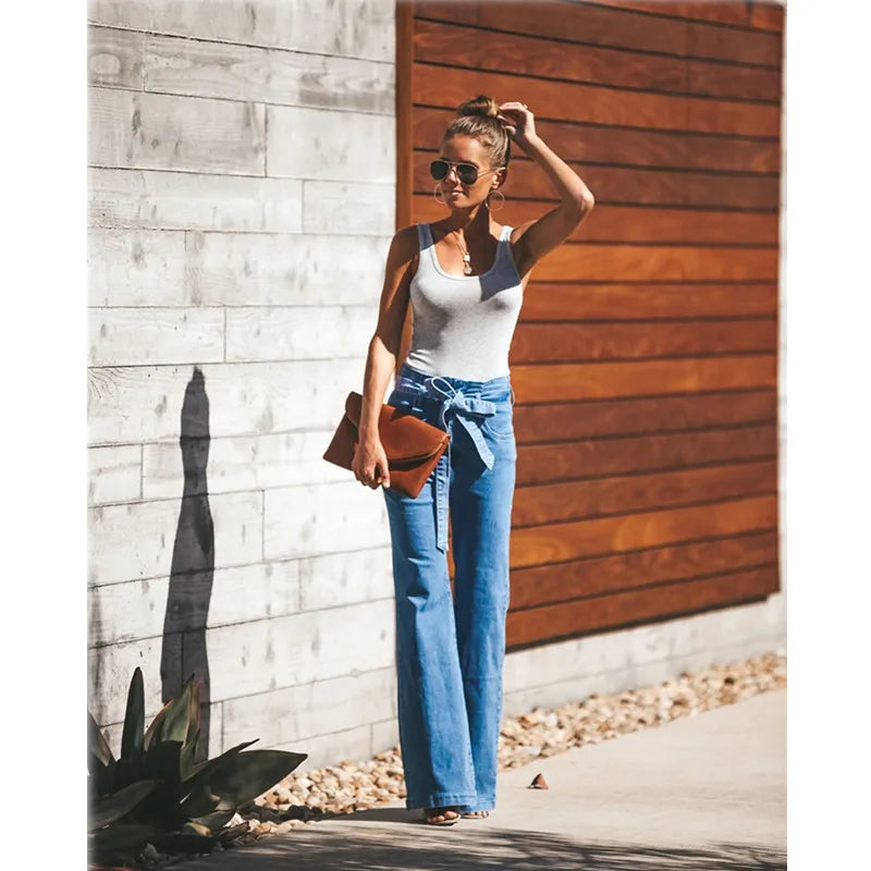 Blue Tie Waist Flare Jeans Women Slim Denim Trousers Vintage Clothes 2021 Spring High  Pants Belted Stretchy Wide Leg - NEWYORKLISTED