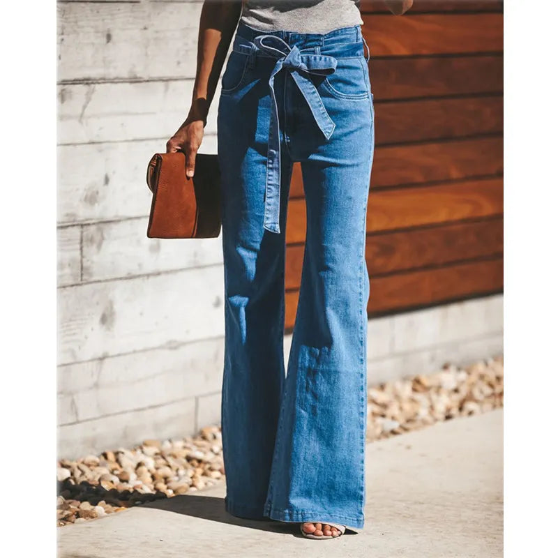 Blue Tie Waist Flare Jeans Women Slim Denim Trousers Vintage Clothes 2021 Spring High  Pants Belted Stretchy Wide Leg - NEWYORKLISTED