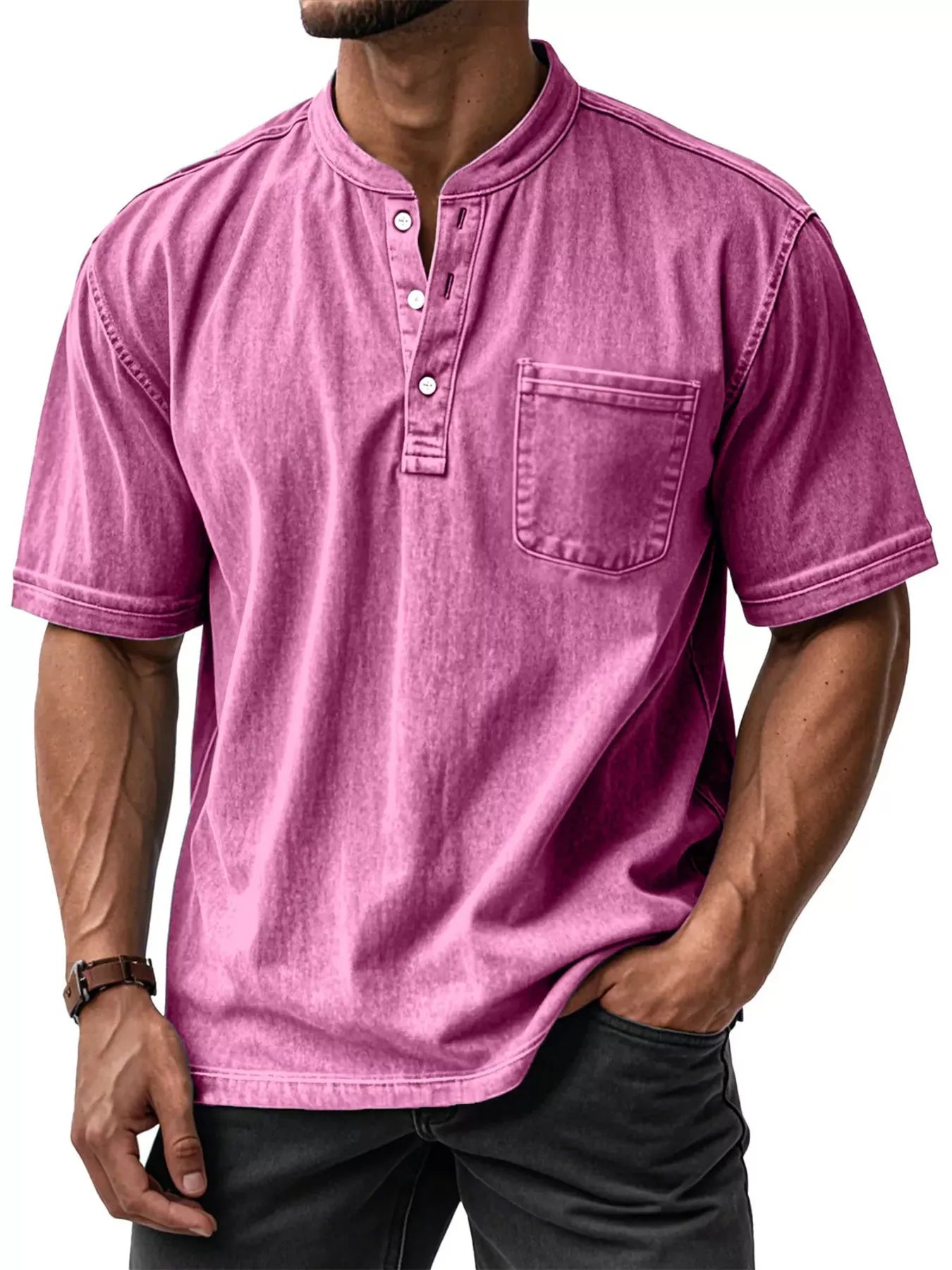 NEWYORKLISTED ATLAS MEN'S COLLECTION: Man wearing a pink short-sleeve shirt with a pocket on a white background