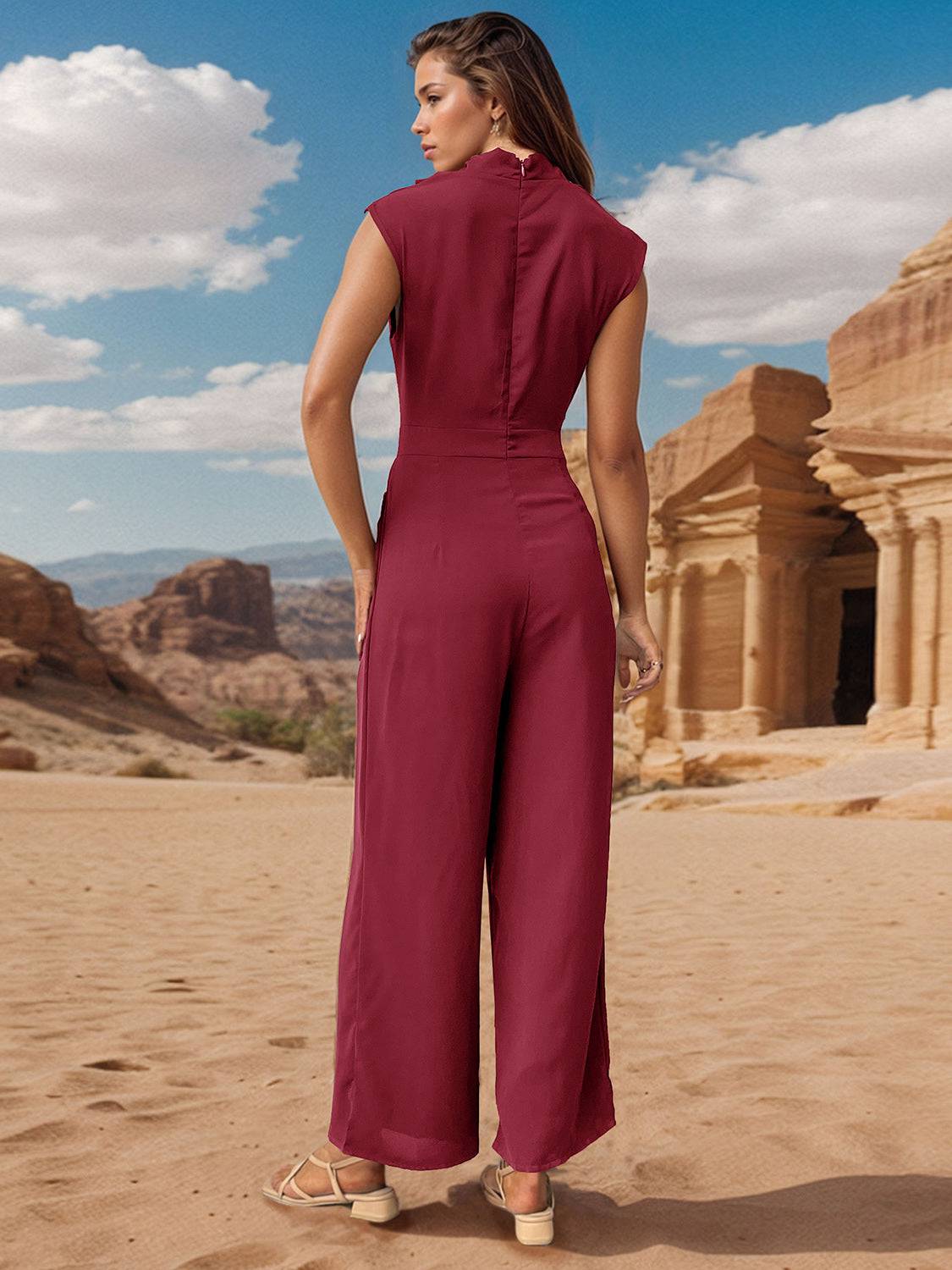 Perfee Ruched Mock Neck Sleeveless Jumpsuit - NEWYORKLISTED