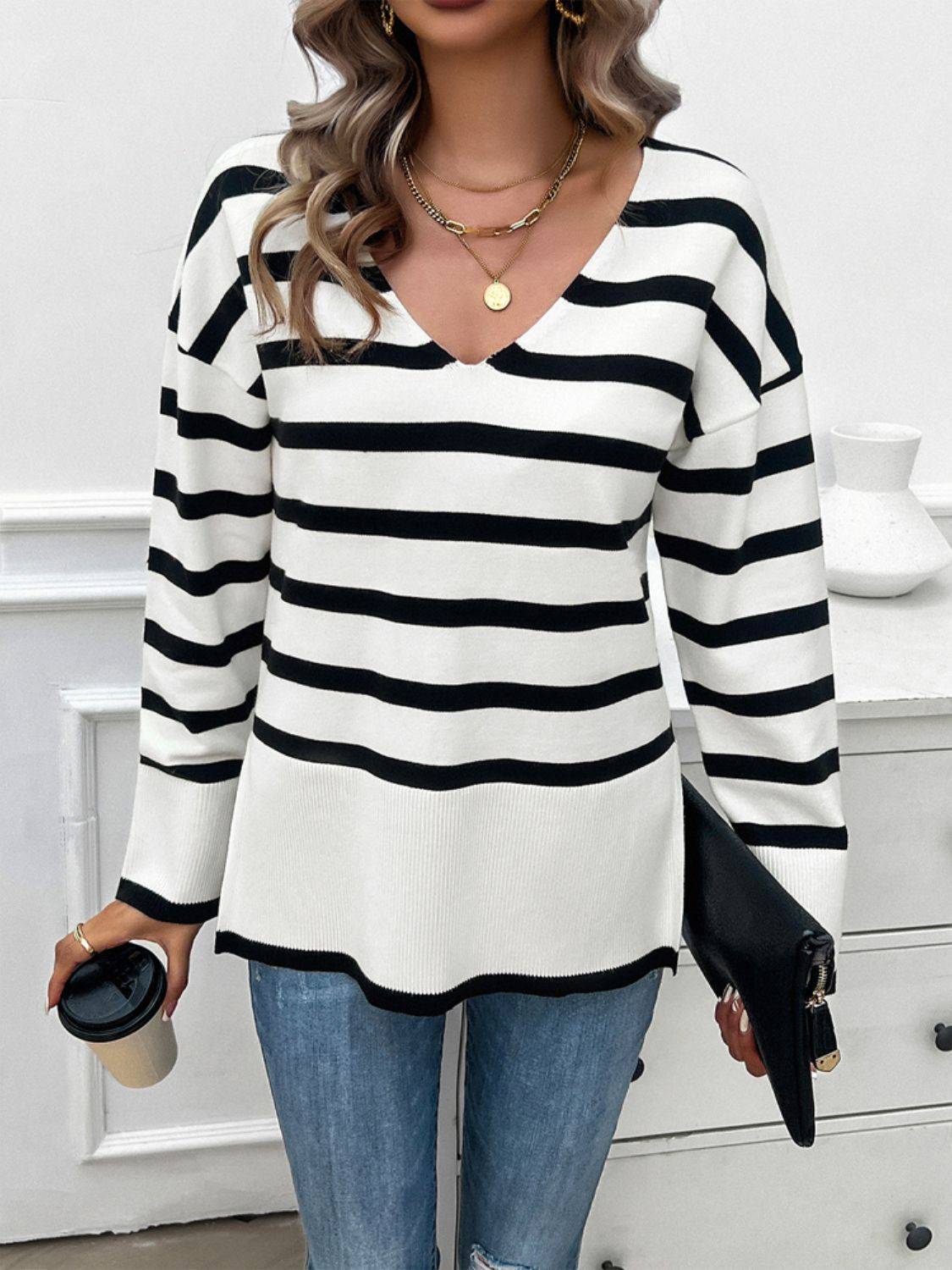 NYLD Striped V-Neck Long Sleeve Knit Top - NEWYORKLISTED