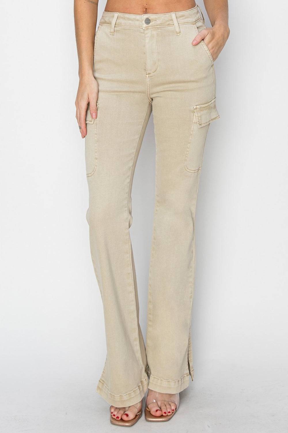 RISEN Full Size High Rise Side Slit Cargo Bootcut Jeans - NEWYORKLISTED