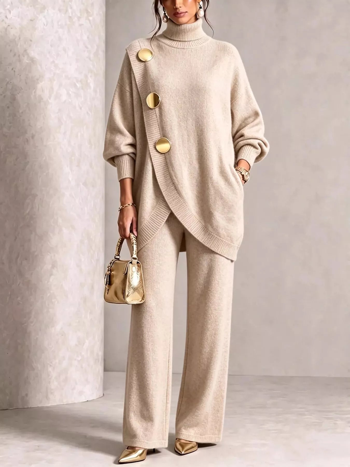 NEWYORKLISTED STYLE COLLECTION:  A woman models a beige knit turtleneck sweater and matching wide-leg trousers set, styled with gold-tone accessories including a metallic handbag and pointed shoes.