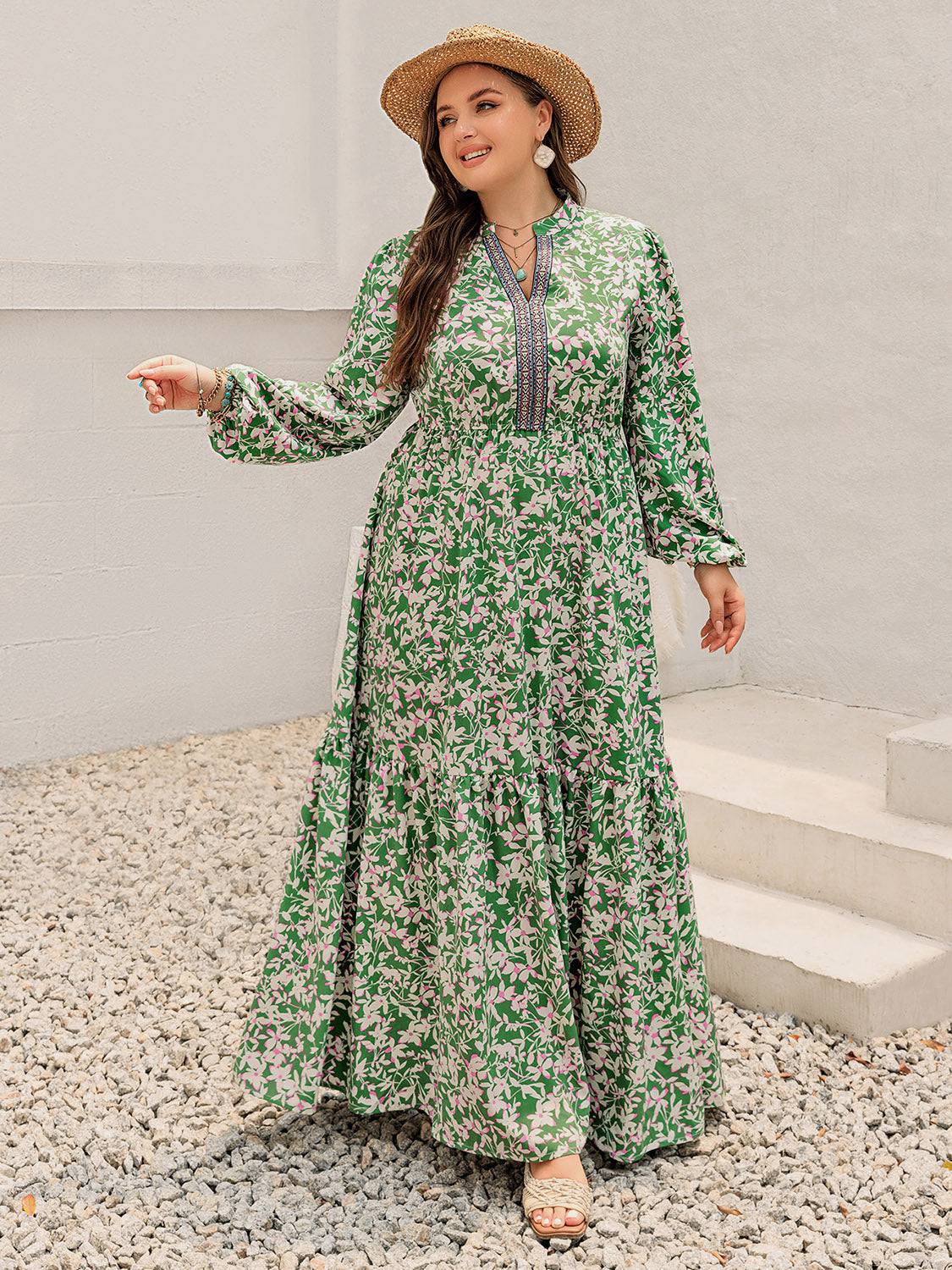 Plus Size Printed Notched Long Sleeve Maxi Dress - NEWYORKLISTED
