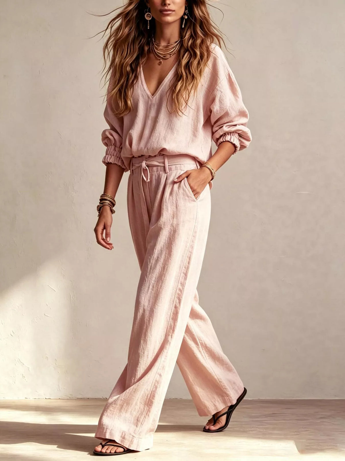 NEWYORKLISTED STYLE COLLECTION: A woman models a matching dusty pink two-piece linen set consisting of a V-neck long-sleeve top and wide-leg drawstring pants, styled with black sandals against a textured beige wall.