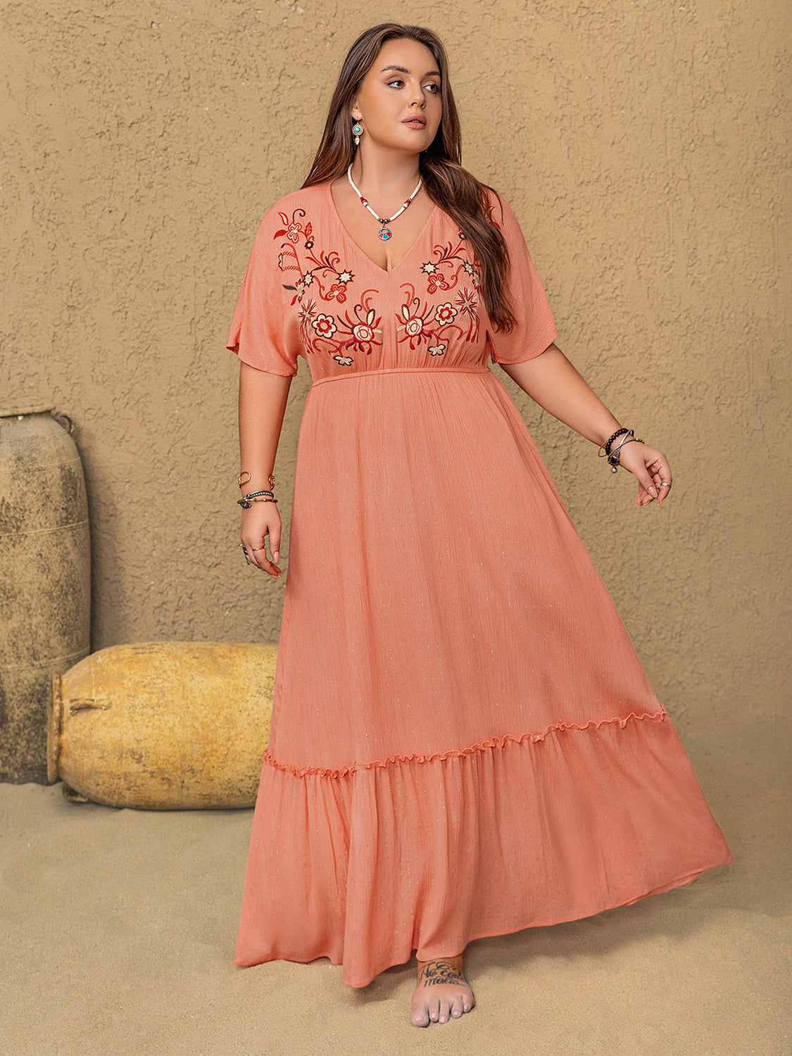 NEWYORKLISTED STYLE COLLECTION: Plus Size Embroidered Half Sleeve Maxi Dress - NEWYORKLISTED