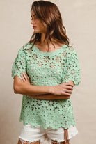 NEWYORKLISTED openwork crochet knit short sleeve top with lace eyelet detail – bohemian and stylish