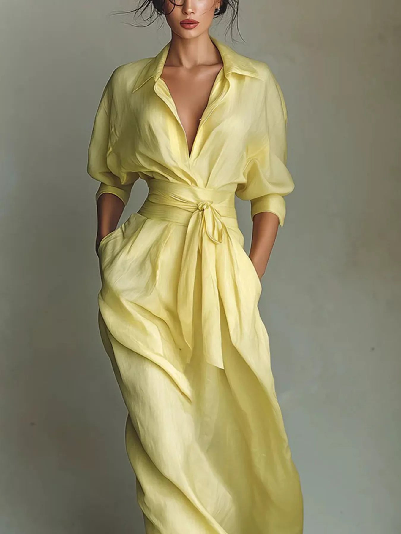 NEWYORKLISTED STYLE COLLECTION: A woman wearing a pale yellow wrap-style midi dress with three-quarter sleeves, a tie waist, and side pockets, photographed against a plain light gray studio background.