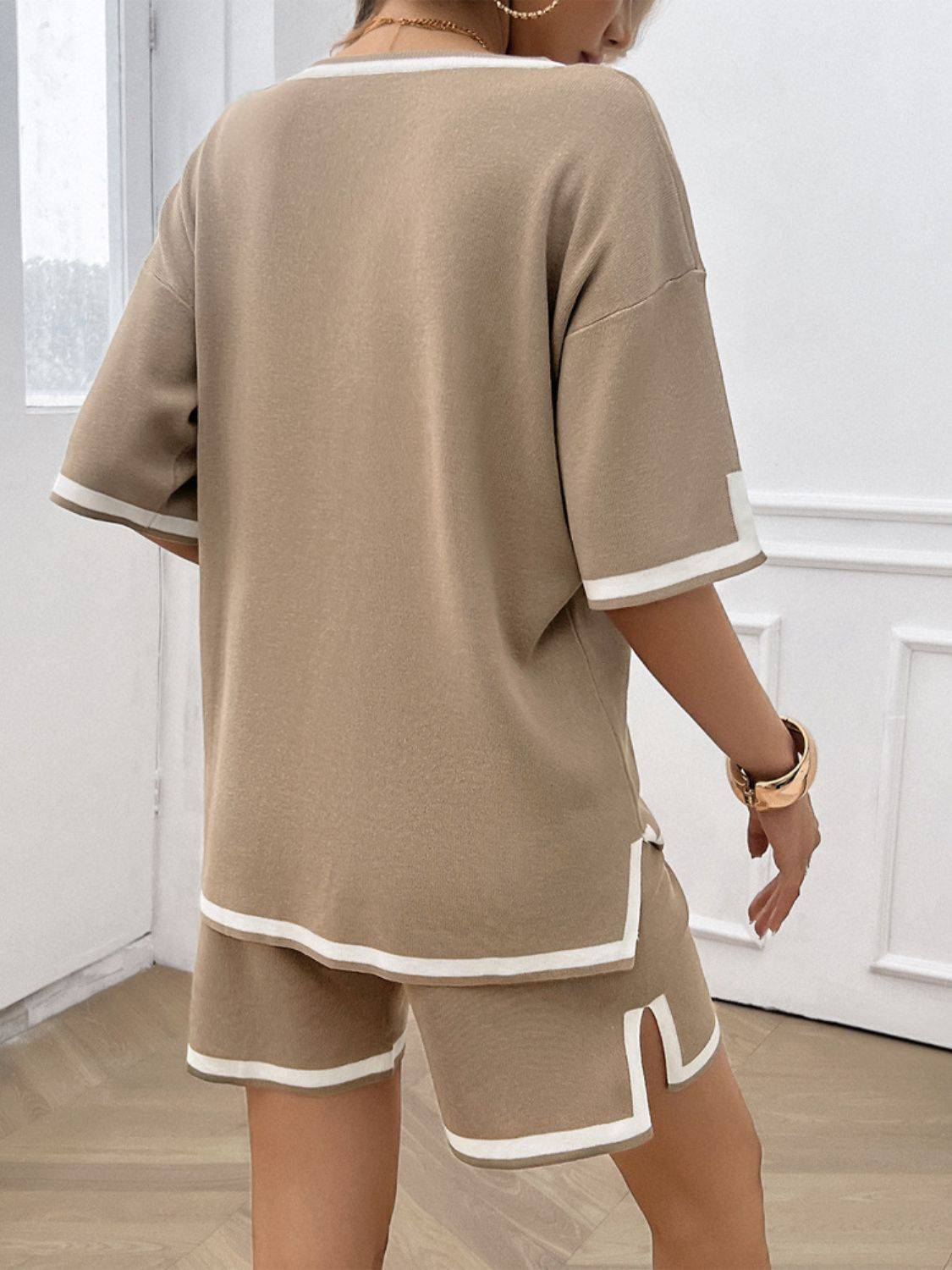 NYLD: Contrast Trim V-Neck Top and Shorts Set - NEWYORKLISTED