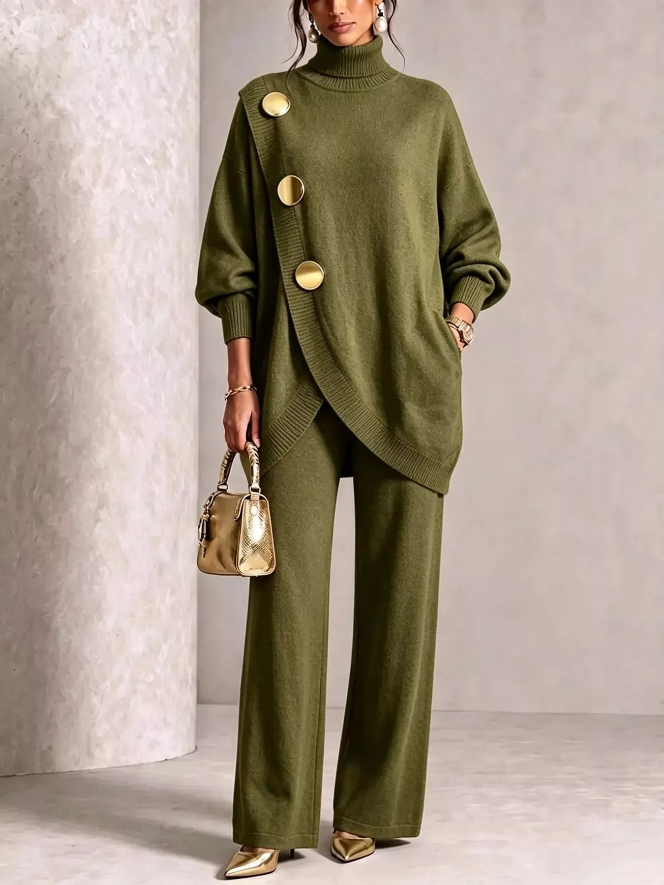 NEWYORKLISTED STYLE COLLECTION:  A model wearing an olive green knit turtleneck sweater and matching wide-leg trousers, styled with gold-tone accessories including a metallic handbag and pointed shoes.
