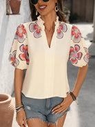NEWYORKLISTED STYLE COLLECTION: Floral Print Notched Puff Sleeve Blouse – Where Fresh Florals Meet Elevated Style in Apricot