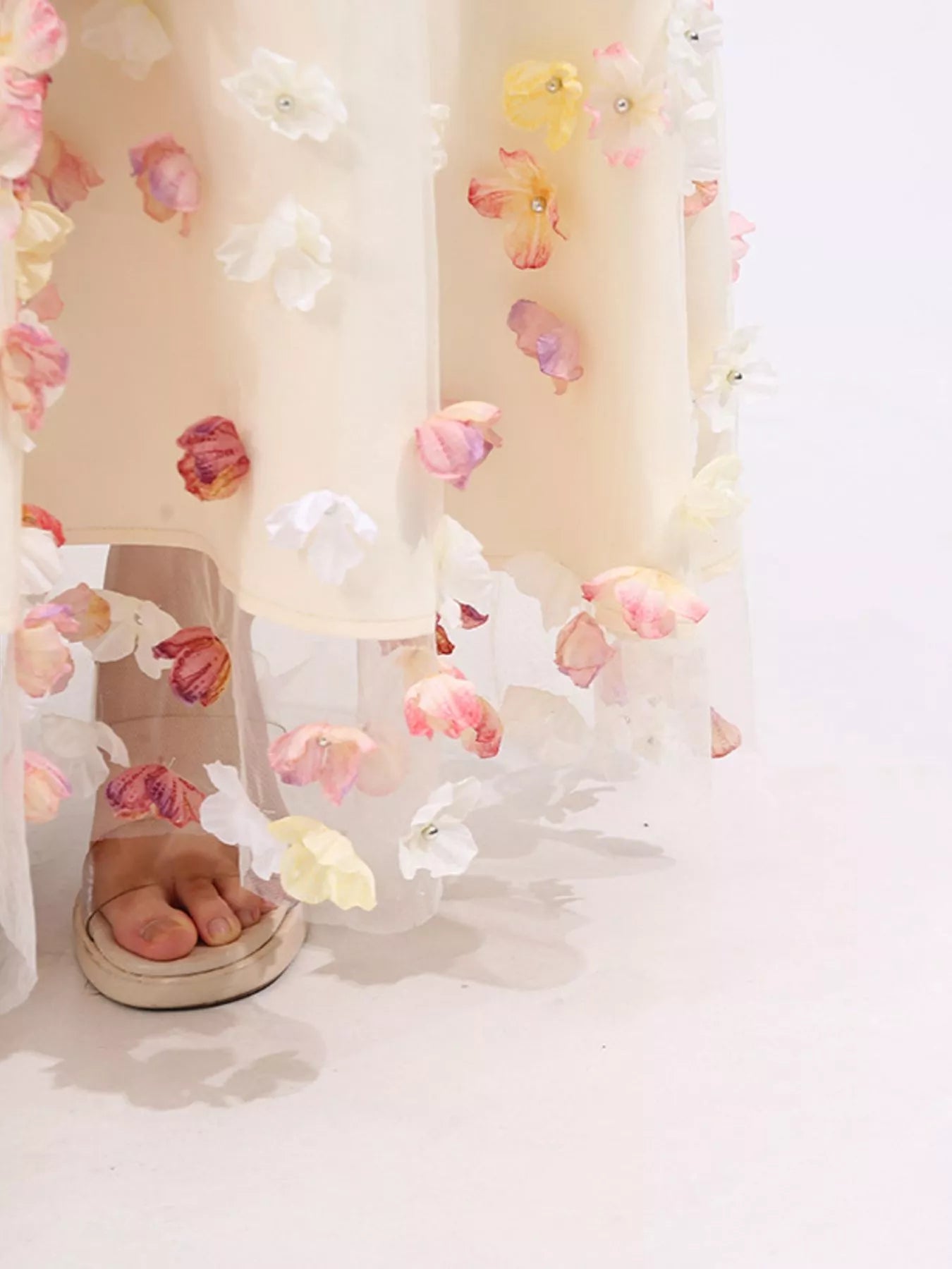 NEWYORKLISTED STYLE COLLECTION: Floral-patterned sheer fabric with a sandal on a white background