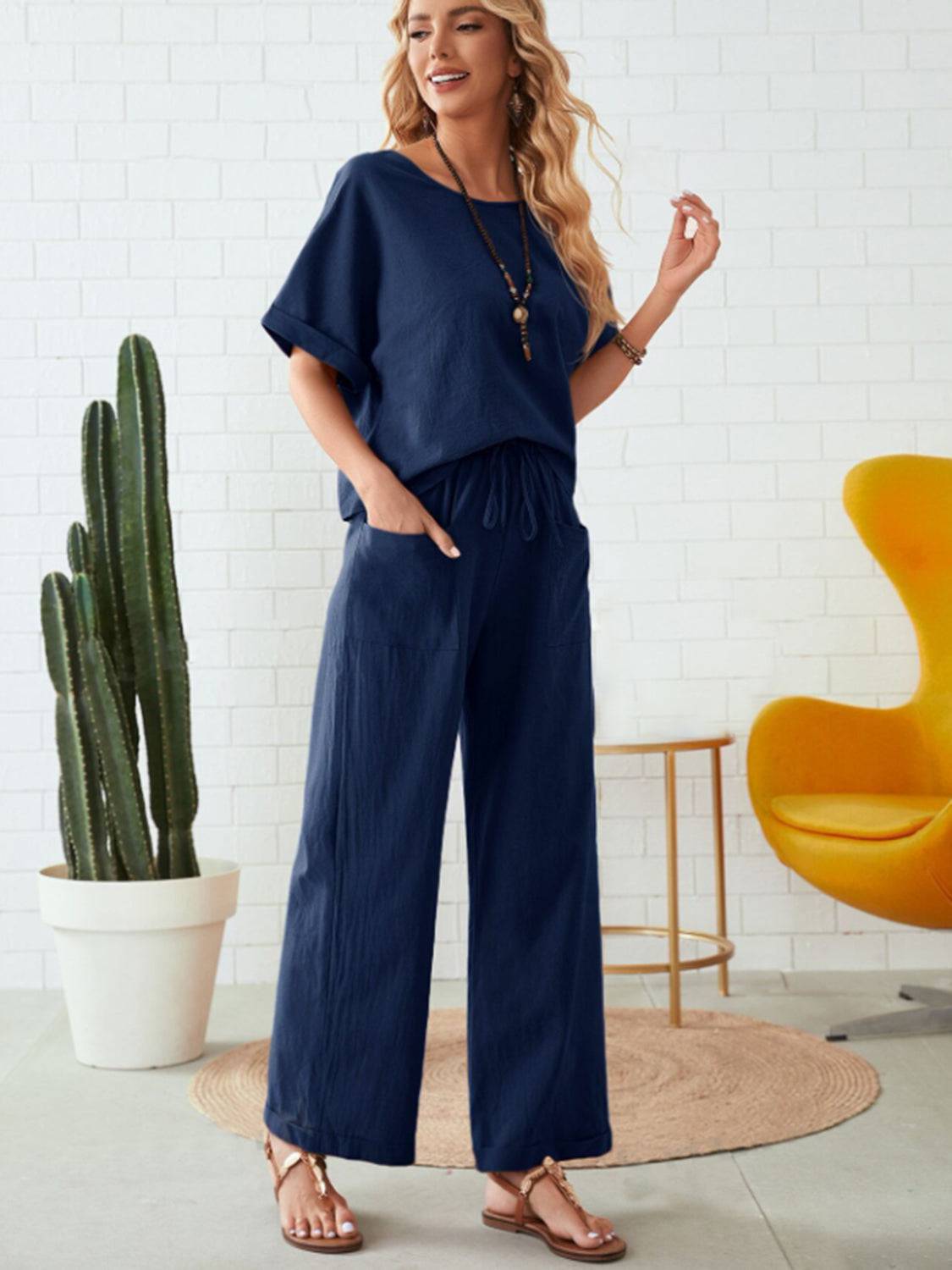 NYLD: Round Neck Half Sleeve Top and Pocketed Pants Set - NEWYORKLISTED