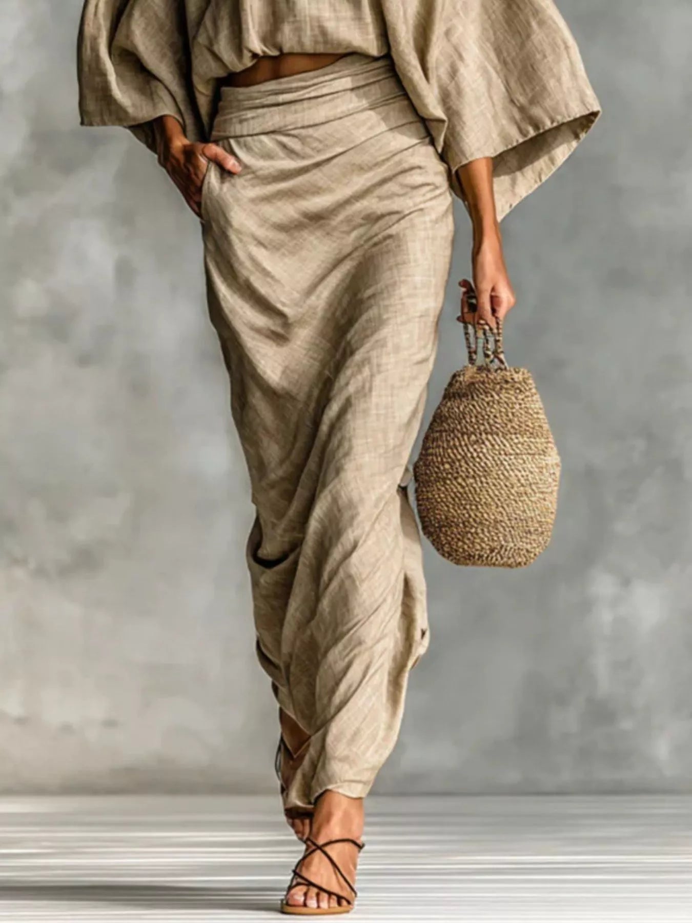 NEWYORKLISTED STYLE COLLECTION: Person wearing beige outfit holding a woven bag against a gray background