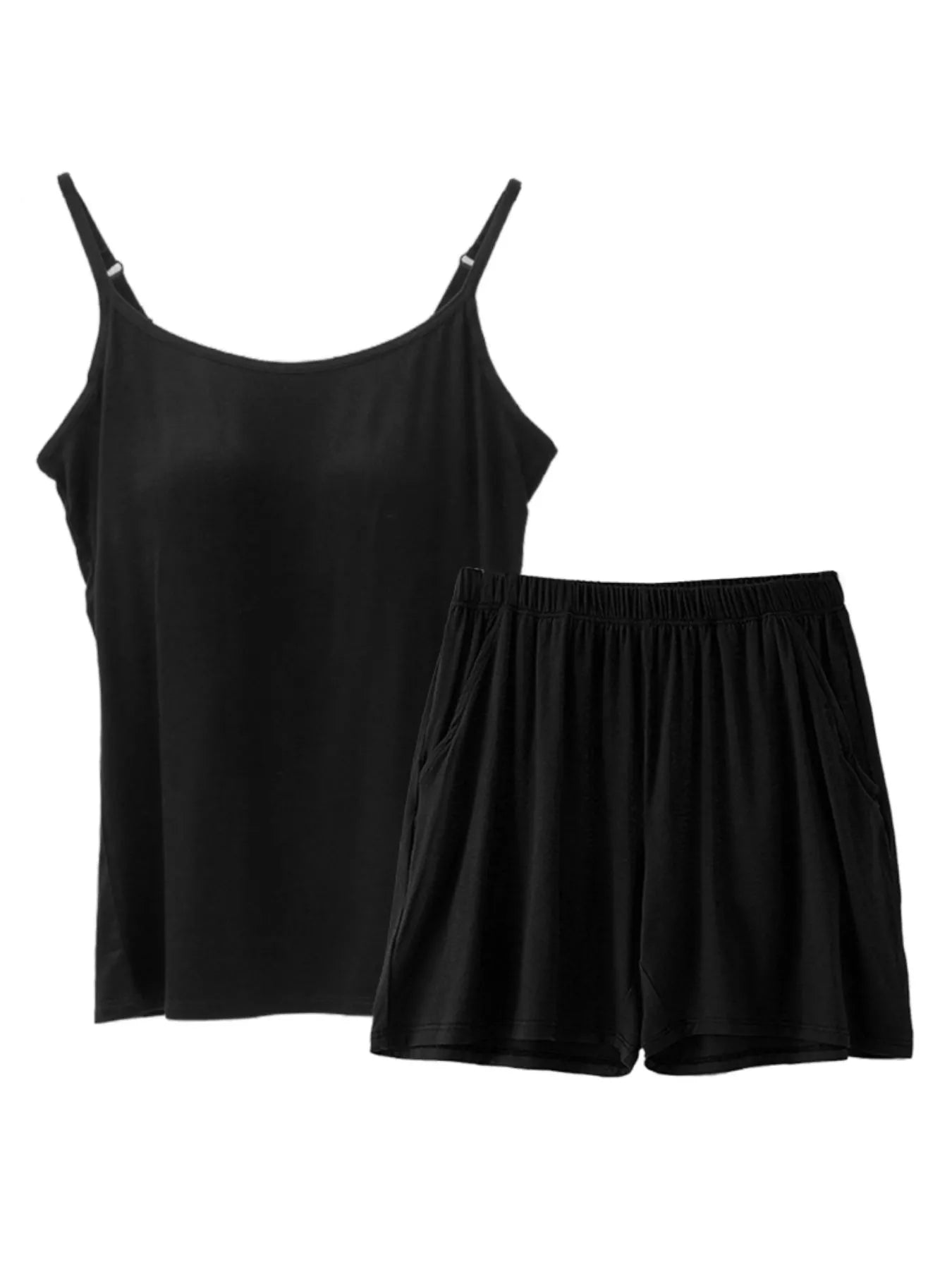NEWYORKLISTED Intimate Apparel Collection: Black camisole and shorts set on a white background