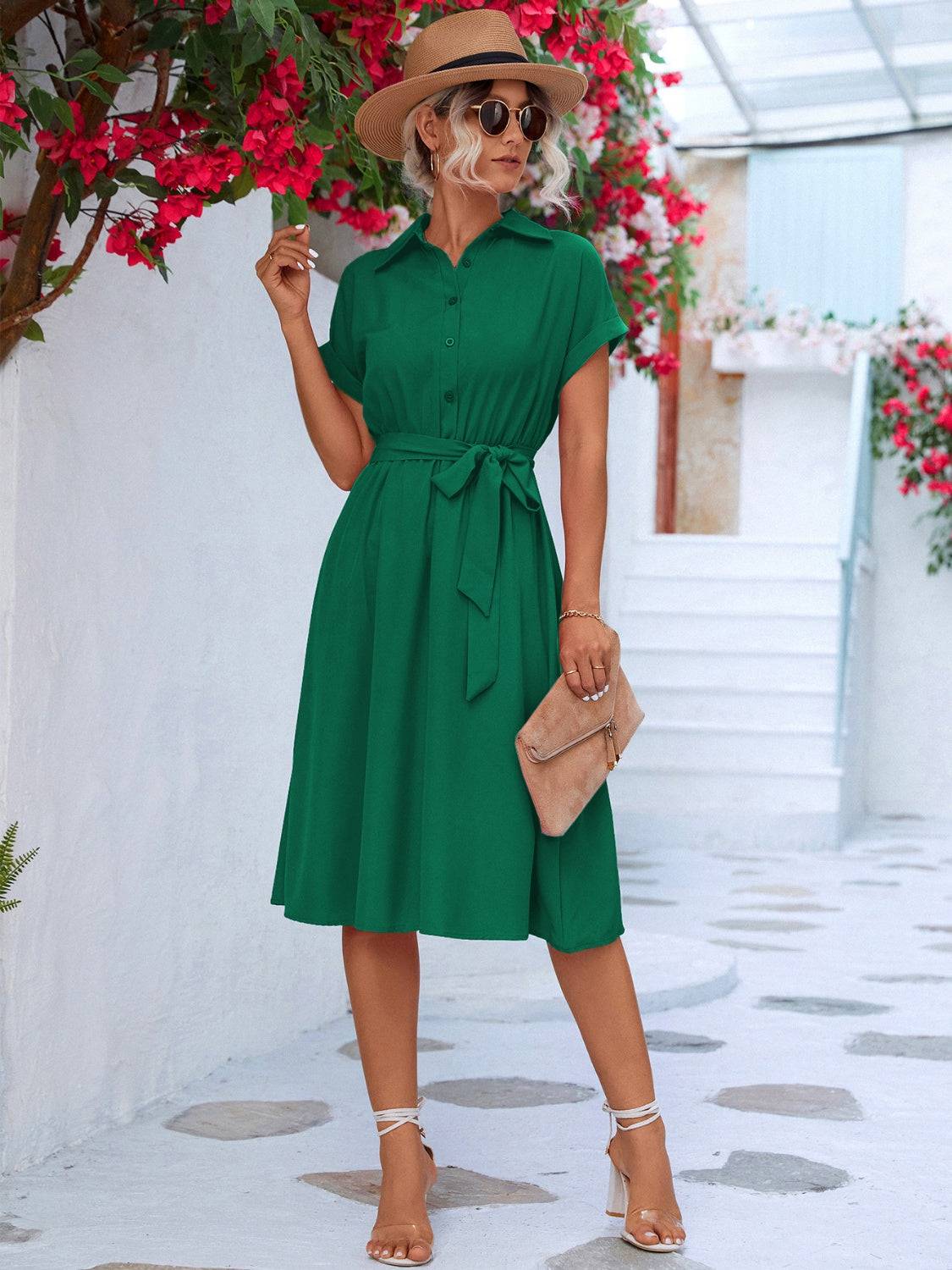 NYLD Buttoned Tie Waist Short Sleeve Dress - NEWYORKLISTED