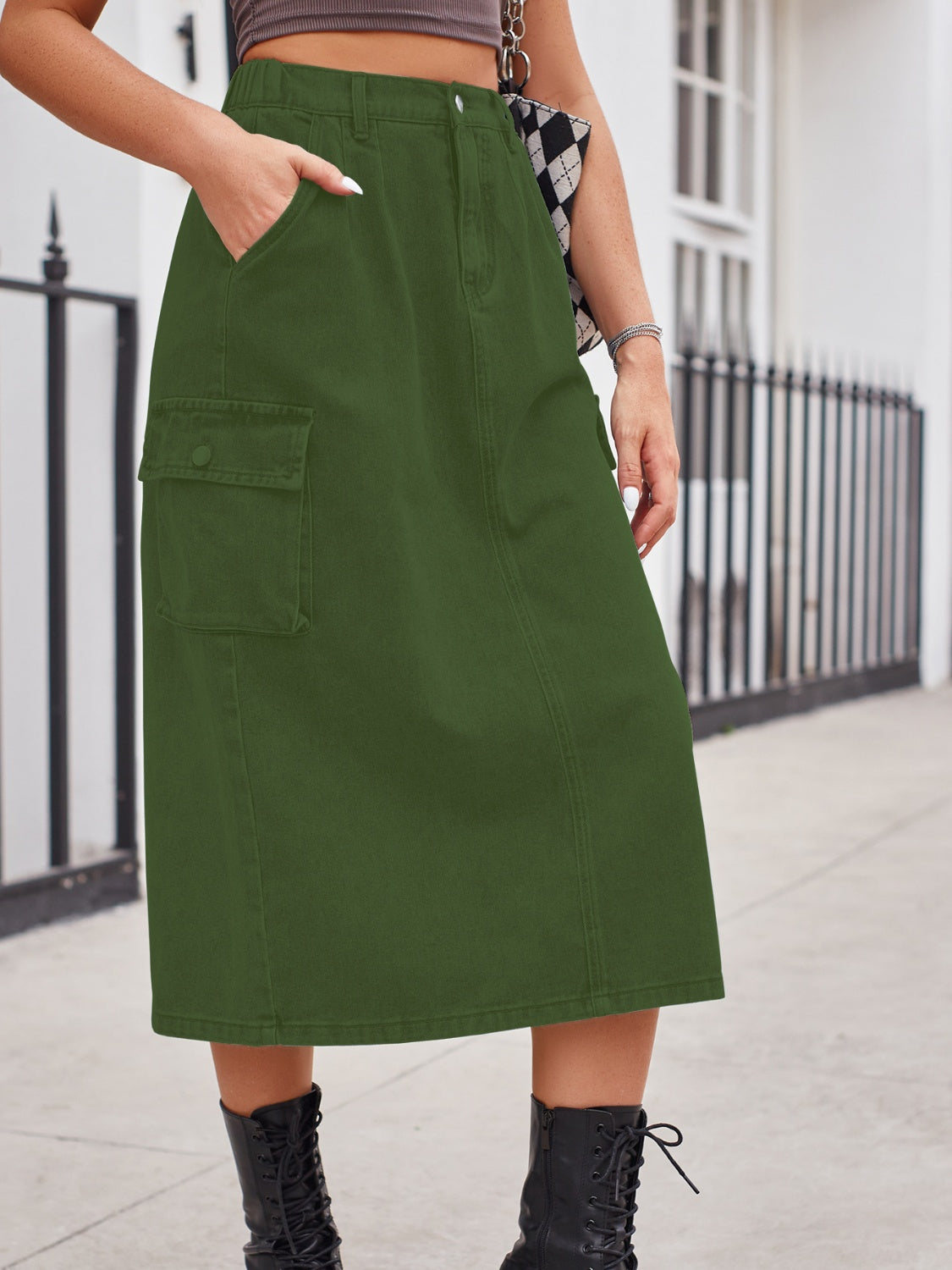 Slit Buttoned Denim Skirt with Pockets - NEWYORKLISTED