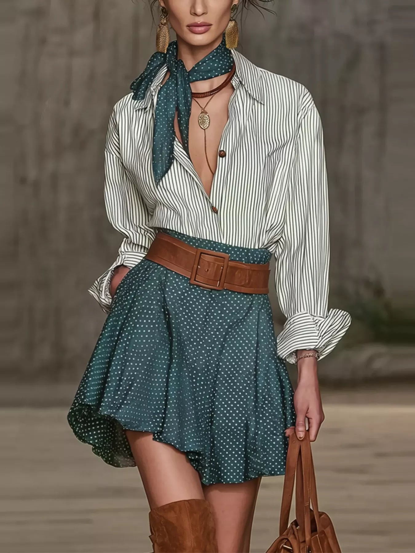 NEWYORKLISTED STYLE COLLECTION: A woman models a stylish outfit featuring a white and green striped long-sleeve button-down shirt, a matching green polka-dot scarf tied at the neck, a green polka-dot mini skirt, a wide brown leather belt, and brown suede boots.