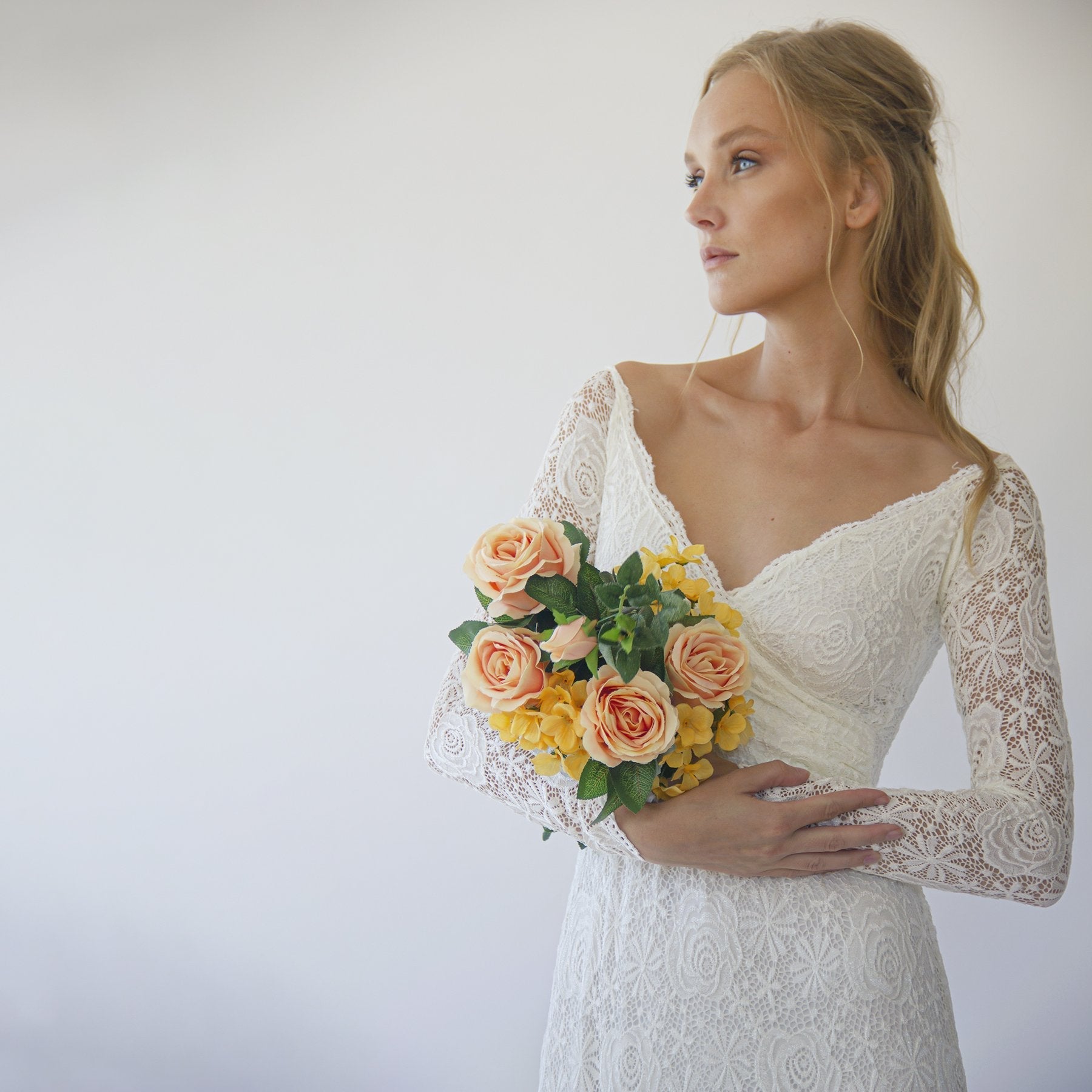 Ivory Off Shoulder Wrap Long Sleeves ,Mermaid Wedding Dress #1280 - NEWYORKLISTED