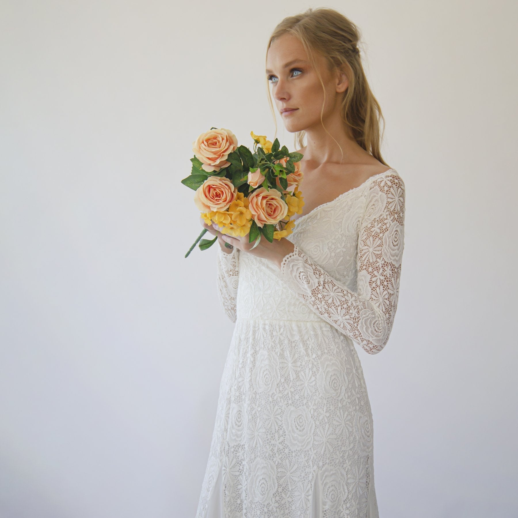 Ivory Off Shoulder Wrap Long Sleeves ,Mermaid Wedding Dress #1280 - NEWYORKLISTED