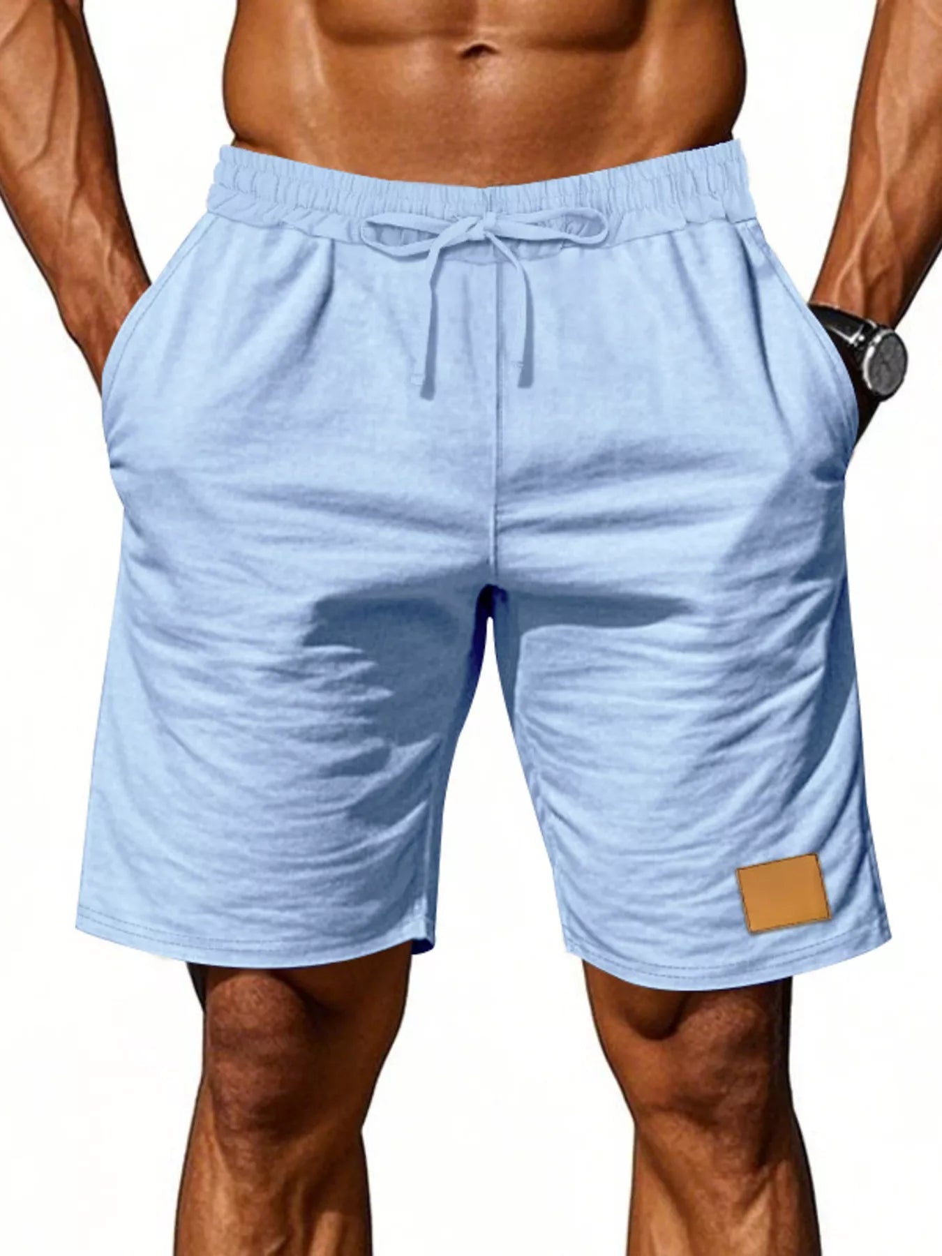 NEWYORKLISTED ATLAS MEN'S COLLECTION: Light blue shorts with a drawstring on a white background