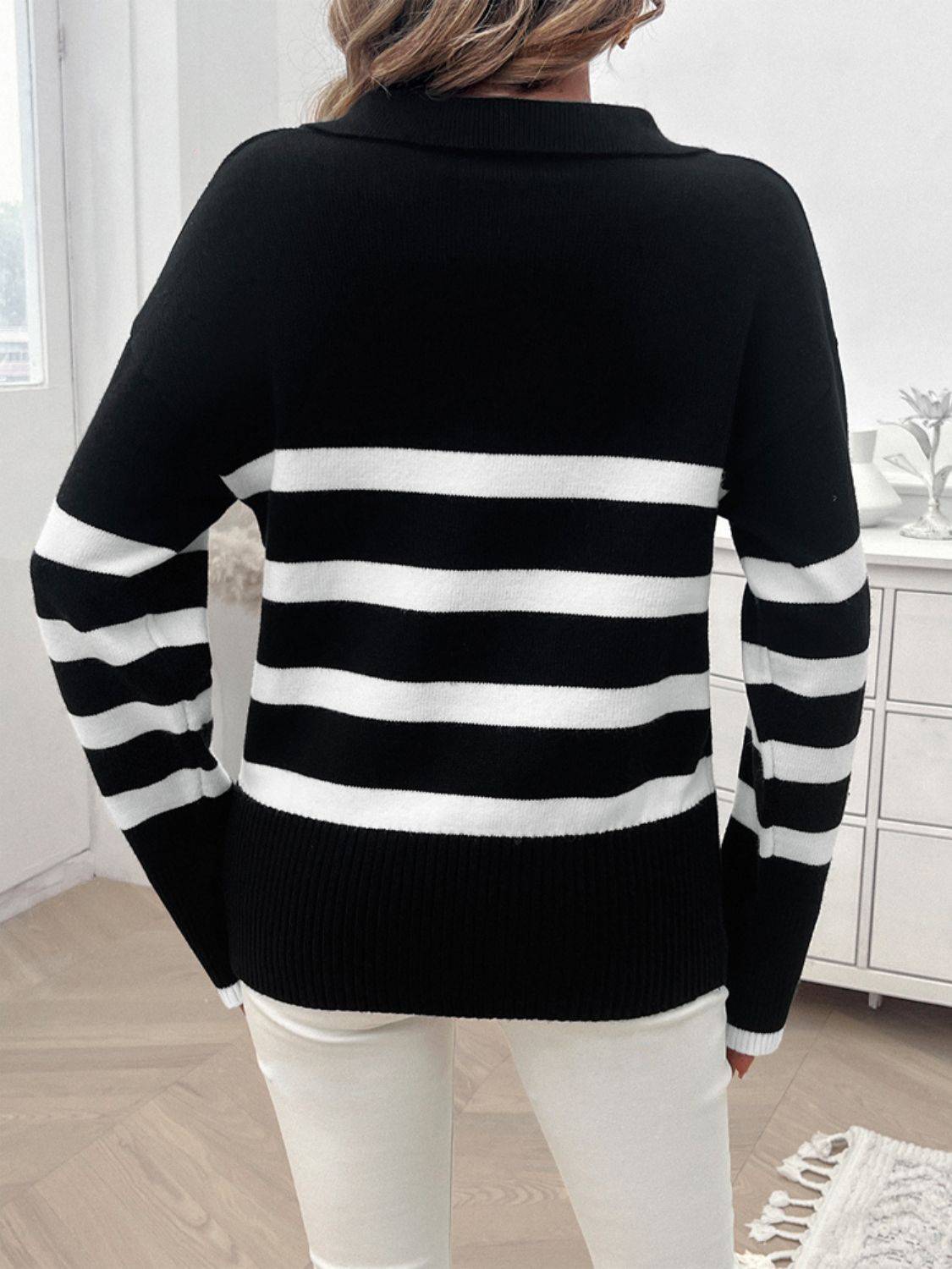 NYLD Striped Collared Neck Long Sleeve Sweater - NEWYORKLISTED