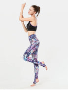 NEWYORKLISTED ACTIVEWEAR COLLECTION: Woman wearing a sports bra and colorful leggings on a white background