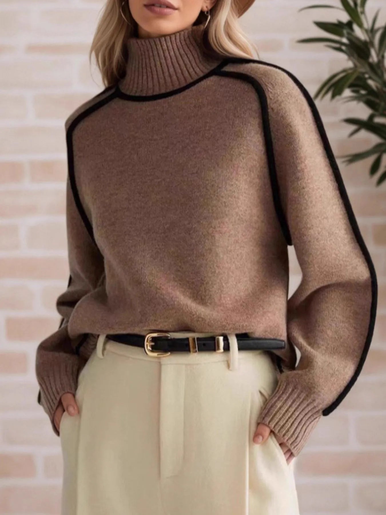 Person wearing a brown sweater with black trim against a light brick wall.