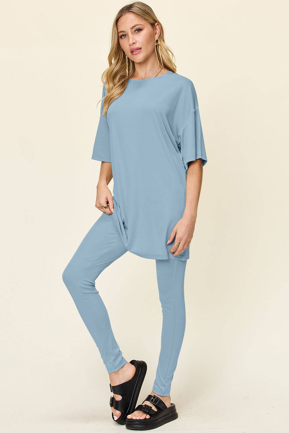NEWYORKLISTED STYLE COLLECTION:  Round Neck Dropped Shoulder T-Shirt and Leggings Set - NEWYORKLISTED