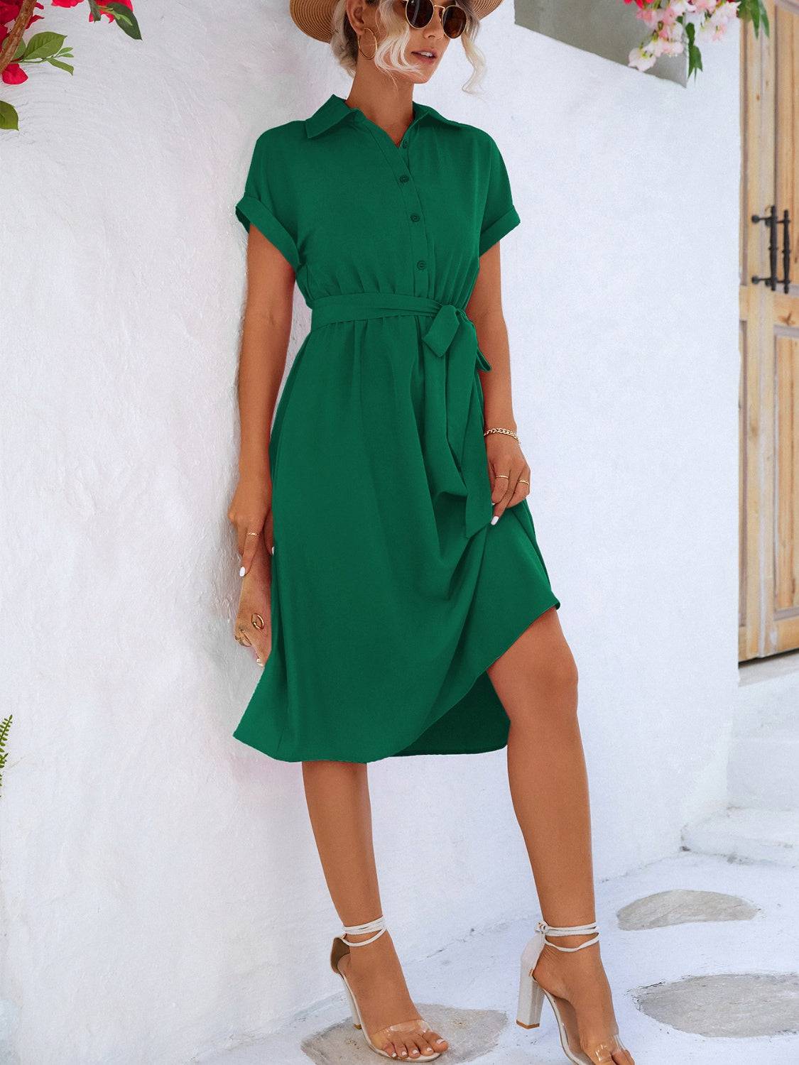 NYLD Buttoned Tie Waist Short Sleeve Dress - NEWYORKLISTED