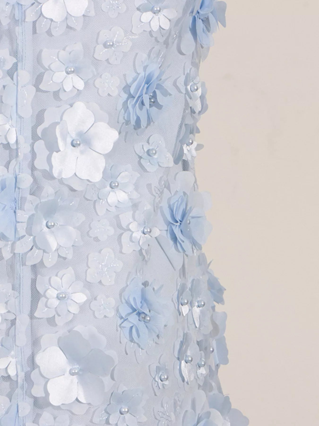 NEWYORKLISTED STYLE COLLECTION: Close-up of a light blue floral dress with white flowers on a plain background