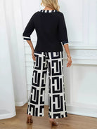 NEWYORKLISTED STYLE COLLECTION: Woman wearing a black top and geometric-patterned pants in a room with white curtains and a fireplace.