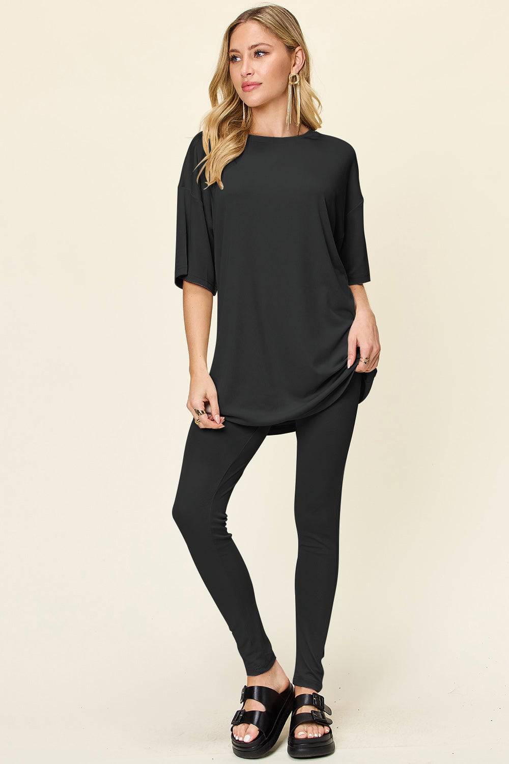 NEWYORKLISTED STYLE COLLECTION:  Round Neck Dropped Shoulder T-Shirt and Leggings Set - NEWYORKLISTED