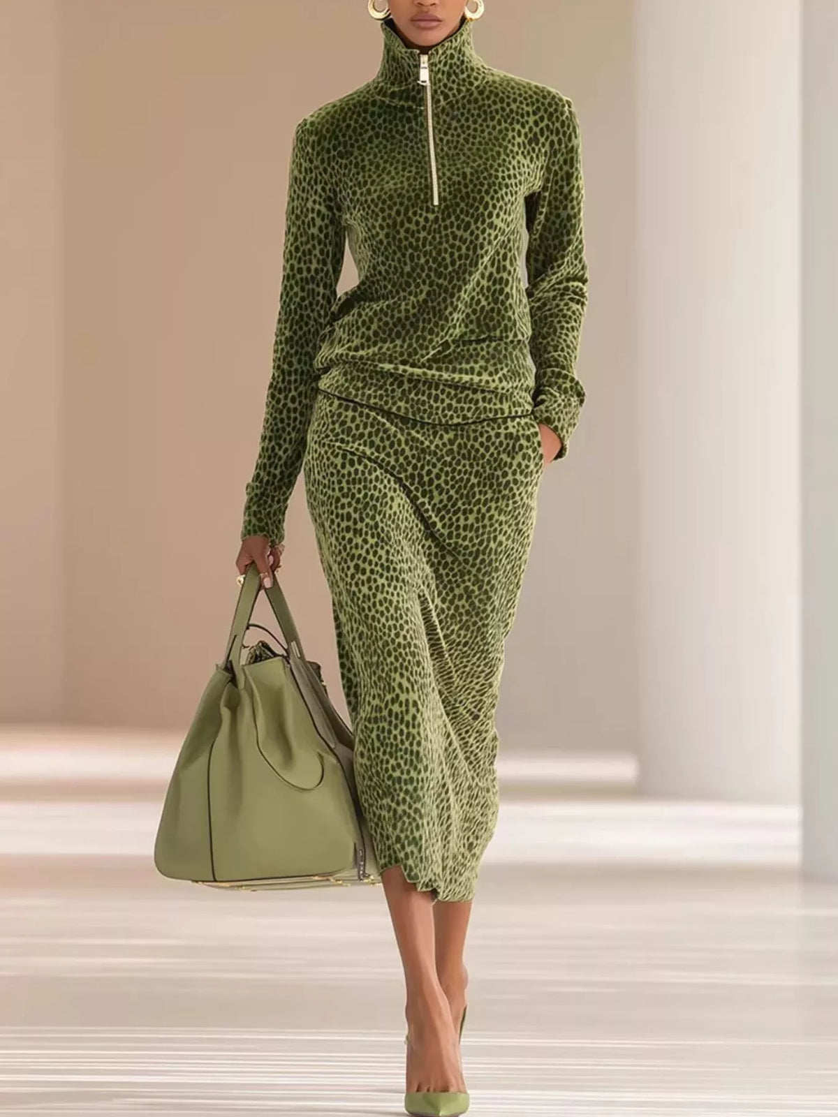 NEWYORKLISTED STYLE COLLECTION: A model walks in a runway setting wearing a matching olive green leopard-print mock-neck long-sleeve top and midi skirt set, holding a matching green leather handbag.