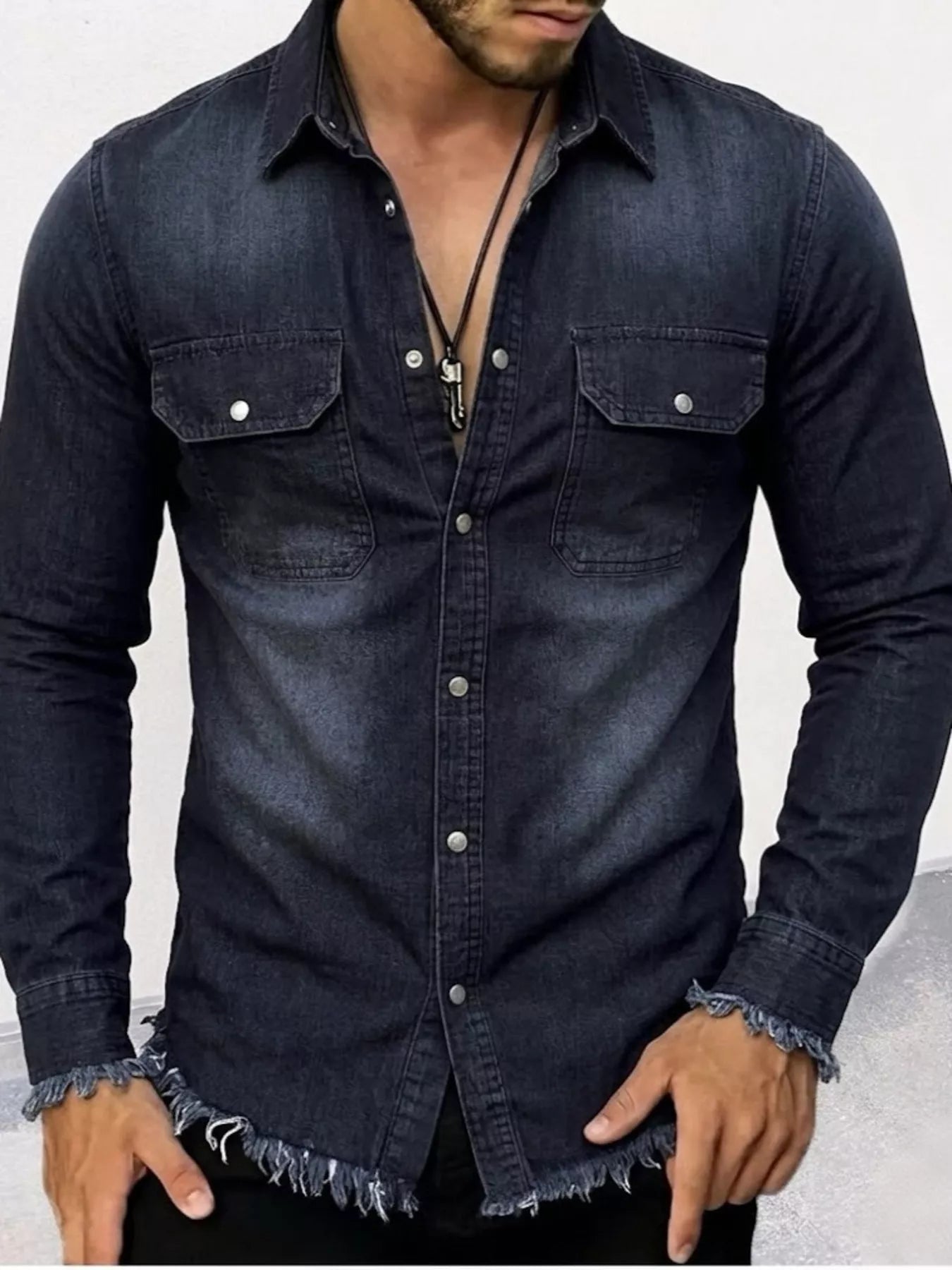 NEWYORKLISTED ATLAS MEN'S COLLECTION – Men's frayed-hem denim-look button-down shirt, product image 4