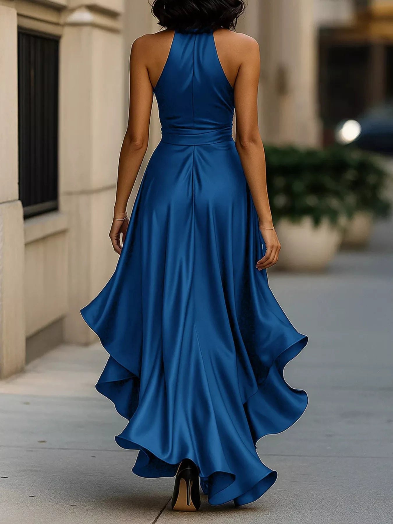 NEWYORKLISTED STYLE COLLECTION: Woman wearing a blue evening gown walking outdoors.
