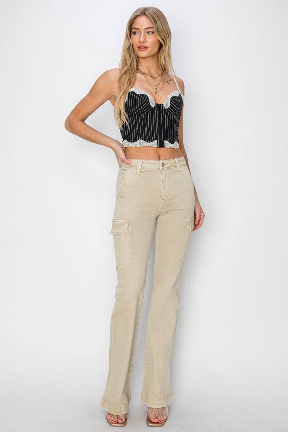RISEN Full Size High Rise Side Slit Cargo Bootcut Jeans - NEWYORKLISTED