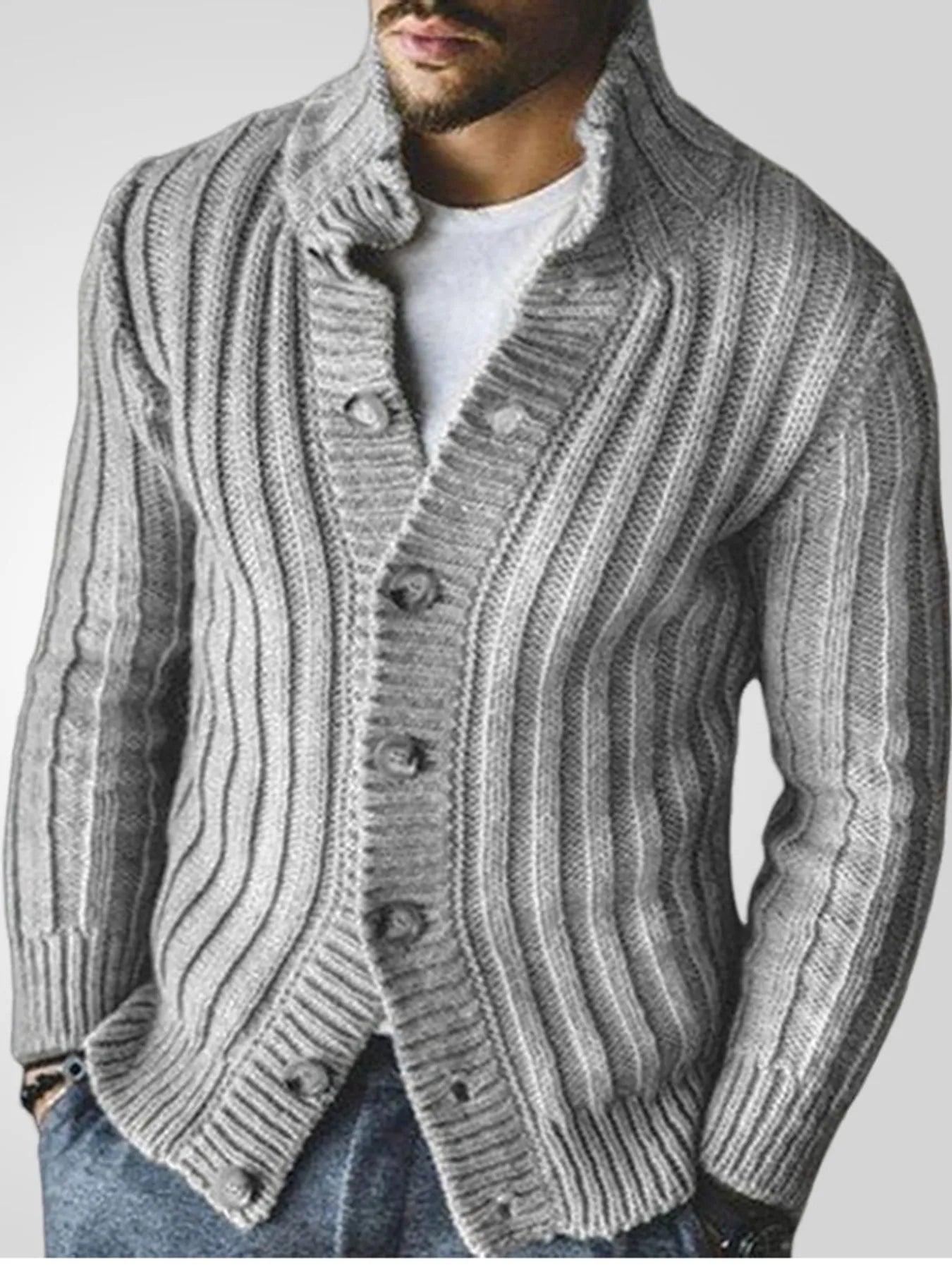NEWYORKLISTED ATLAS MEN'S COLLECTION: Classic Ribbed Cable-Knit Button-Up Cardigan in Gray 