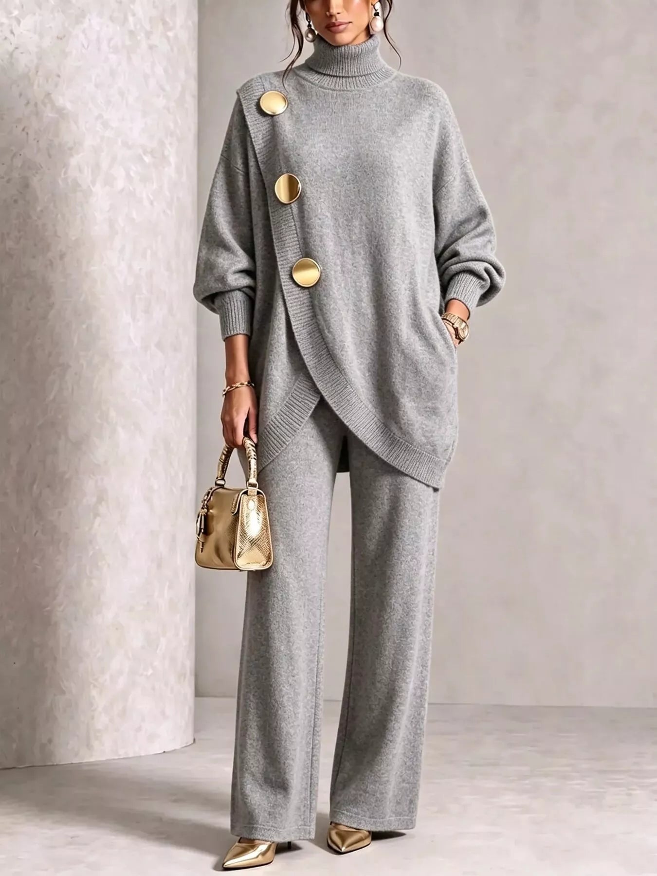 NEWYORKLISTED STYLE COLLECTION:  A model wears a light gray knit two-piece set consisting of a turtleneck sweater with oversized sleeves and large gold-tone decorative buttons, paired with matching wide-leg trousers. She is holding a small metallic gold handbag and wearing gold pointed shoes, set against a textured light gray studio background.